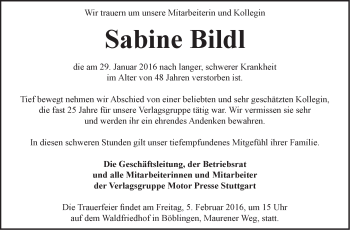 Traueranzeige von Sabine Bildl von Stuttgarter Zeitung / Stuttgarter Nachrichten
