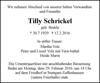 Traueranzeige von Tilly Schrickel von Stuttgarter Zeitung / Stuttgarter Nachrichten