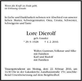 Traueranzeige von Lore Dierolf von Stuttgarter Zeitung / Stuttgarter Nachrichten