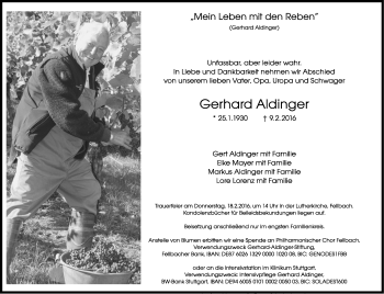 Traueranzeige von Gerhard Aldinger von Stuttgarter Zeitung / Stuttgarter Nachrichten