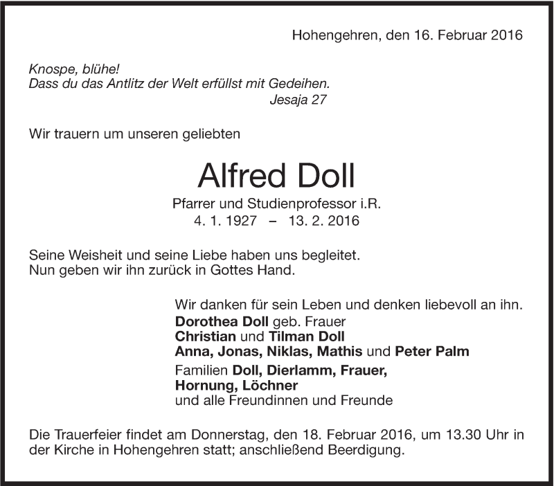  Traueranzeige für Alfred Doll vom 16.02.2016 aus Stuttgarter Zeitung / Stuttgarter Nachrichten