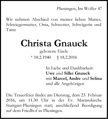 Traueranzeige von Christa Gnauck von Stuttgarter Zeitung / Stuttgarter Nachrichten