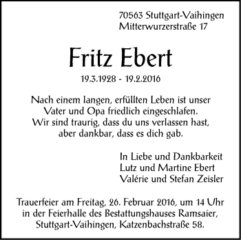 Traueranzeige von Fritz Ebert von Stuttgarter Zeitung / Stuttgarter Nachrichten
