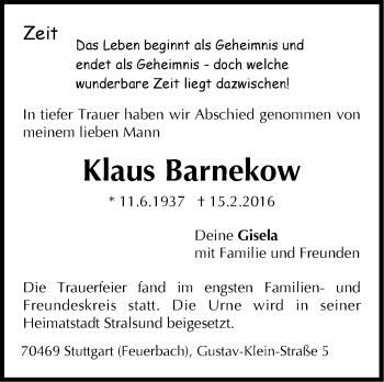 Traueranzeige von Klaus Barnekow von Stuttgarter Zeitung / Stuttgarter Nachrichten