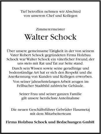 Traueranzeige von Walter Schock von Stuttgarter Zeitung / Stuttgarter Nachrichten