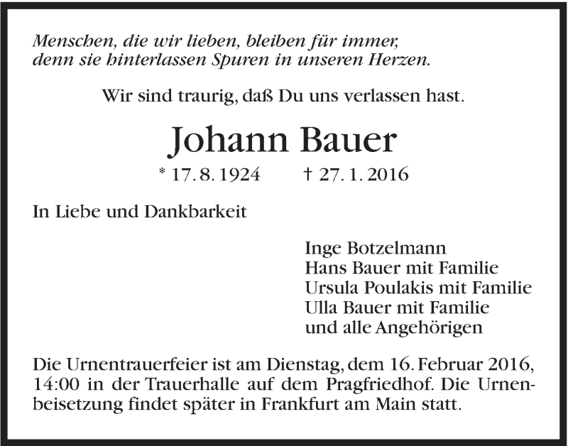  Traueranzeige für Johann Bauer vom 12.02.2016 aus Stuttgarter Zeitung / Stuttgarter Nachrichten
