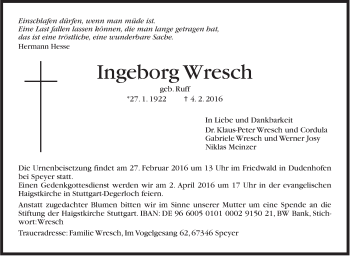 Traueranzeige von Ingeborg Wresch von Stuttgarter Zeitung / Stuttgarter Nachrichten