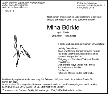 Traueranzeige von Mina Bürkle von Stuttgarter Zeitung / Stuttgarter Nachrichten