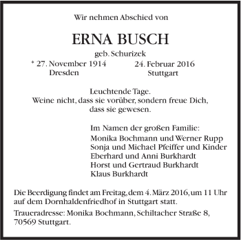 Traueranzeige von Erna Busch von Stuttgarter Zeitung / Stuttgarter Nachrichten
