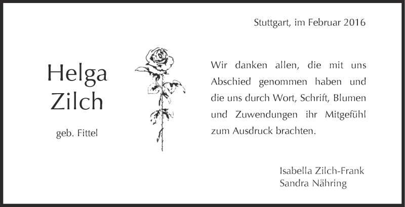 Traueranzeige für Helga Zilch vom 17.02.2016 aus Stuttgarter Zeitung / Stuttgarter Nachrichten