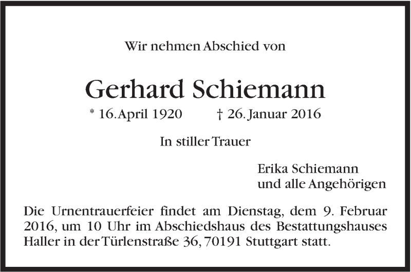  Traueranzeige für Gerhard Schiemann vom 05.02.2016 aus Stuttgarter Zeitung / Stuttgarter Nachrichten