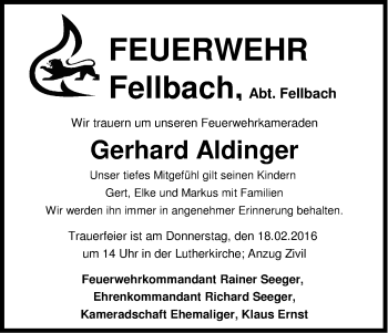 Traueranzeige von Gerhard Aldinger von Stuttgarter Zeitung / Stuttgarter Nachrichten