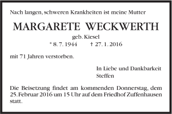 Traueranzeige von Margarete Weckwerth von Stuttgarter Zeitung / Stuttgarter Nachrichten