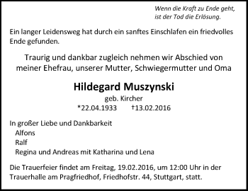 Traueranzeige von Hildegard Muszynski von Stuttgarter Zeitung / Stuttgarter Nachrichten