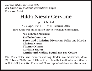 Traueranzeige von Hilda Niesar-Cervone von Stuttgarter Zeitung / Stuttgarter Nachrichten