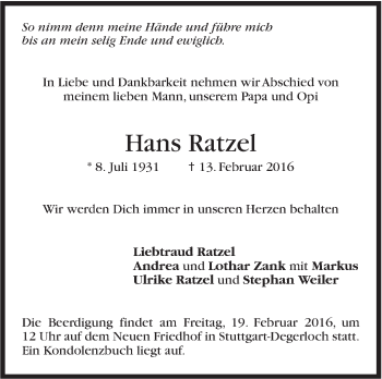 Traueranzeige von  Hans Ratzel von Stuttgarter Zeitung / Stuttgarter Nachrichten