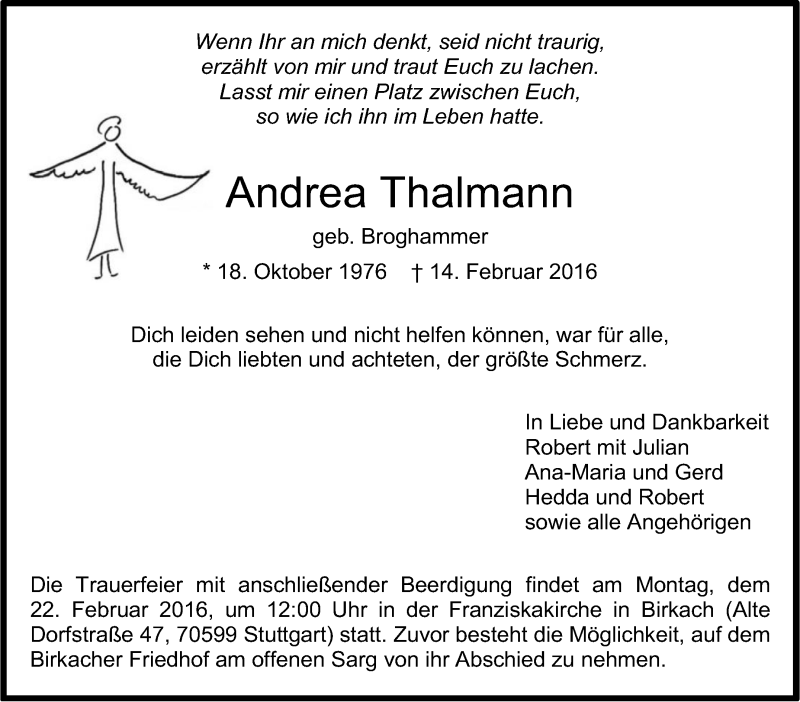  Traueranzeige für Andrea Thalmann vom 17.02.2016 aus Stuttgarter Zeitung / Stuttgarter Nachrichten