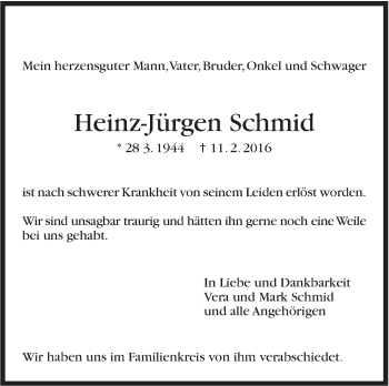 Traueranzeige von Heinz-Jürgen Schmid von Stuttgarter Zeitung / Stuttgarter Nachrichten