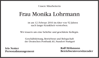 Traueranzeige von Monika Lohrmann von Stuttgarter Zeitung / Stuttgarter Nachrichten