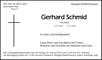 Traueranzeige von Gerhard Schmid von Stuttgarter Zeitung / Stuttgarter Nachrichten
