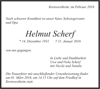 Traueranzeige von Helmut Scherf von Stuttgarter Zeitung / Stuttgarter Nachrichten