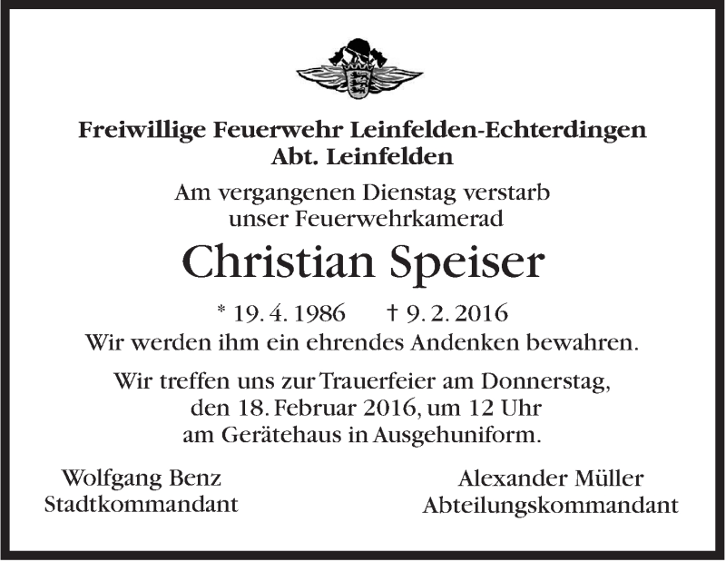  Traueranzeige für Christian Speiser vom 15.02.2016 aus Stuttgarter Zeitung / Stuttgarter Nachrichten