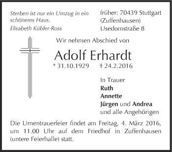 Traueranzeige von Adolf Erhardt von Stuttgarter Zeitung / Stuttgarter Nachrichten