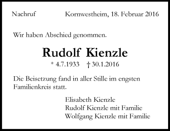 Traueranzeige von Rudolf Kienzle von Stuttgarter Zeitung / Stuttgarter Nachrichten