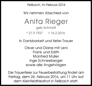 Traueranzeige von Anita Rieger von Stuttgarter Zeitung / Stuttgarter Nachrichten