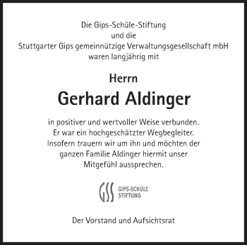 Traueranzeige von Gerhard Aldinger von Stuttgarter Zeitung / Stuttgarter Nachrichten