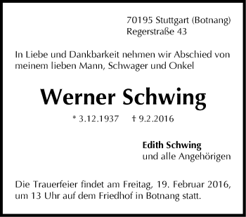 Traueranzeige von Werner Schwing von Stuttgarter Zeitung / Stuttgarter Nachrichten