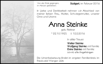 Traueranzeige von Anna Steinke von Stuttgarter Zeitung / Stuttgarter Nachrichten