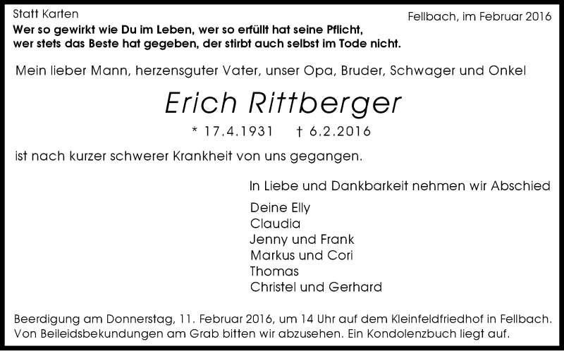  Traueranzeige für Erich Rittberger vom 10.02.2016 aus Stuttgarter Zeitung / Stuttgarter Nachrichten