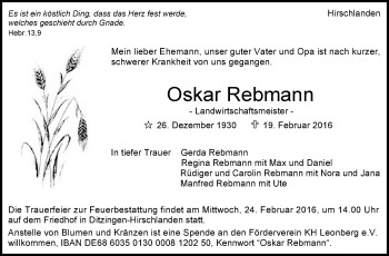 Traueranzeige von Oskar Rebmann von Stuttgarter Zeitung / Stuttgarter Nachrichten
