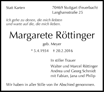 Traueranzeige von Margarete Röttinger von Stuttgarter Zeitung / Stuttgarter Nachrichten