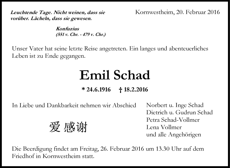  Traueranzeige für Emil Schad vom 20.02.2016 aus Stuttgarter Zeitung / Stuttgarter Nachrichten