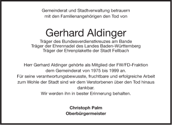 Traueranzeige von Gerhard Aldinger von Stuttgarter Zeitung / Stuttgarter Nachrichten