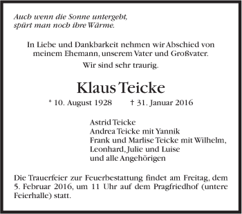 Traueranzeige von Klaus Teicke von Stuttgarter Zeitung / Stuttgarter Nachrichten