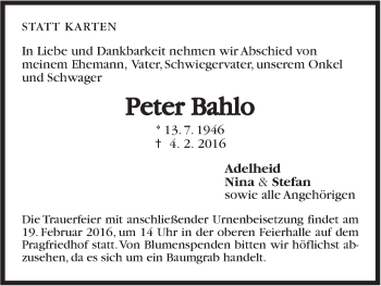 Traueranzeige von Peter Bahlo von Stuttgarter Zeitung / Stuttgarter Nachrichten