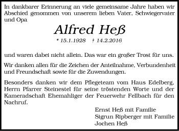 Traueranzeige von Alfred Heß von Stuttgarter Zeitung / Stuttgarter Nachrichten