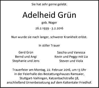 Traueranzeige von Adelheid Grün von Stuttgarter Zeitung / Stuttgarter Nachrichten