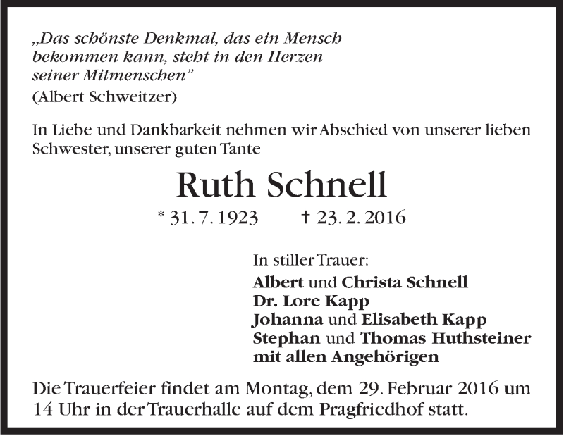  Traueranzeige für Ruth Schnell vom 26.02.2016 aus Stuttgarter Zeitung / Stuttgarter Nachrichten