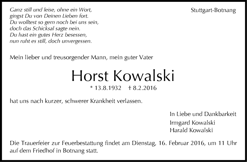  Traueranzeige für Horst Kowalski vom 12.02.2016 aus Stuttgarter Zeitung / Stuttgarter Nachrichten