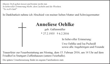 Traueranzeige von Anneliese Oehlke von Stuttgarter Zeitung / Stuttgarter Nachrichten
