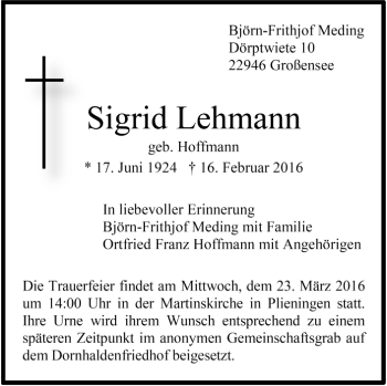 Traueranzeige von Sigrid Lehmann von Stuttgarter Zeitung / Stuttgarter Nachrichten