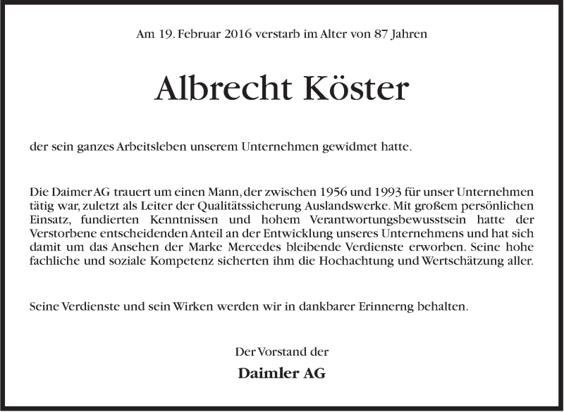  Traueranzeige für Albrecht Köster vom 24.02.2016 aus Stuttgarter Zeitung / Stuttgarter Nachrichten
