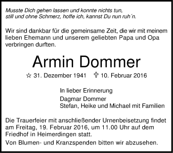 Traueranzeige von Armin Dommer von Stuttgarter Zeitung / Stuttgarter Nachrichten