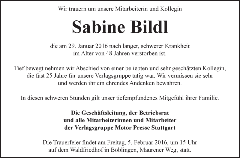  Traueranzeige für Sabine Bildl vom 03.02.2016 aus Stuttgarter Zeitung / Stuttgarter Nachrichten