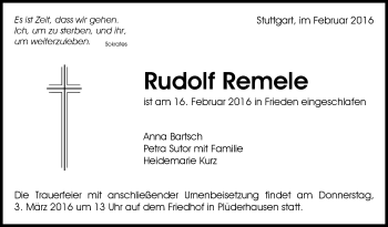 Traueranzeige von Rudolf Remele von Stuttgarter Zeitung / Stuttgarter Nachrichten
