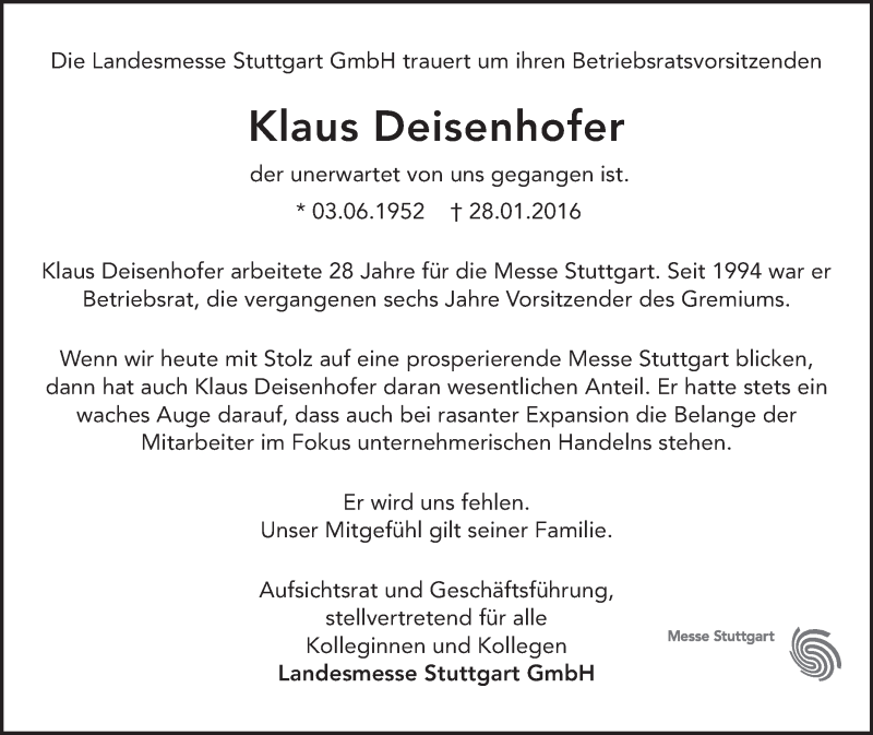  Traueranzeige für Klaus Deisenhofer vom 03.02.2016 aus Stuttgarter Zeitung / Stuttgarter Nachrichten
